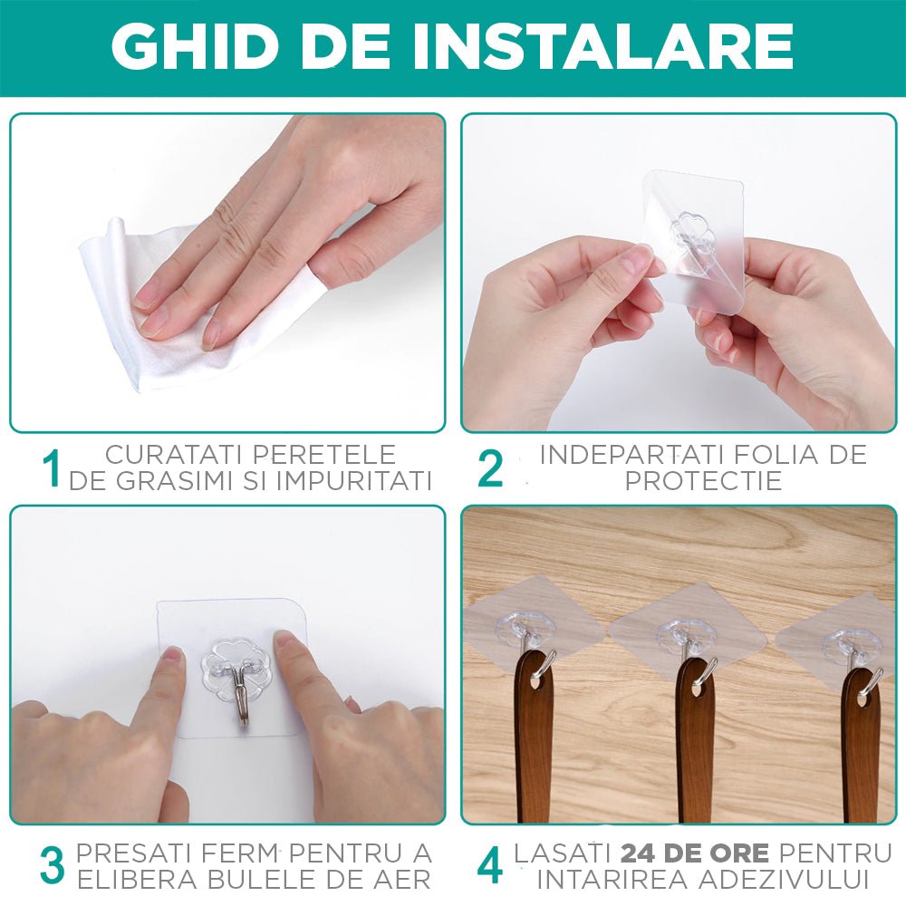 Set 10 Cârlige cu bandă ultra adezivă, rezistente - evonio.ro