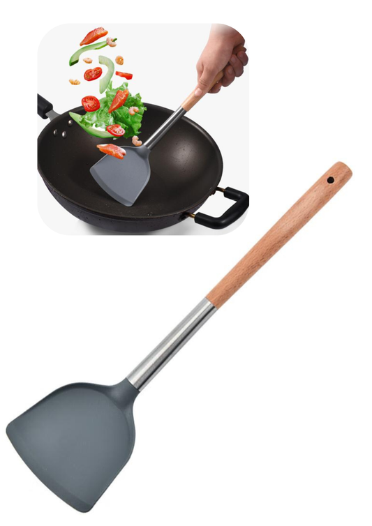 Spatulă wok din silicon cu mâner din lemn