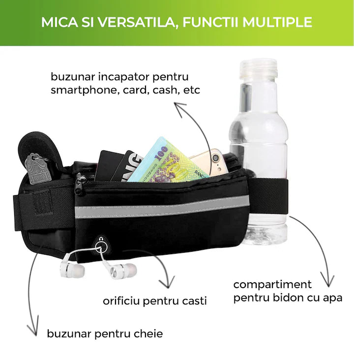Borsetă de alergare, compartimente pentru sticle sau telefon