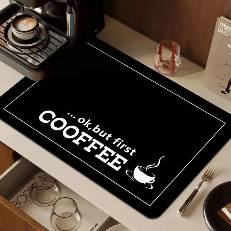 Covoraș de blat cu  design „Ok, but first coffee”, 50x30cm
