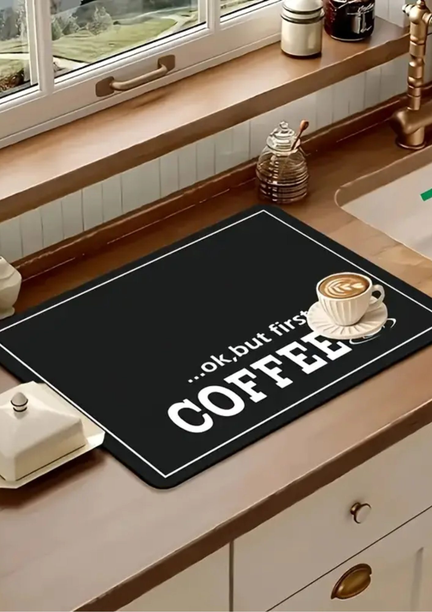 Covoraș de blat cu  design „Ok, but first coffee”, 50x30cm