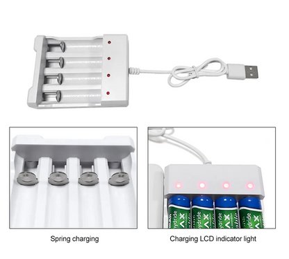 Încărcător portabil pentru baterii AAA și AA cu alimentare USB