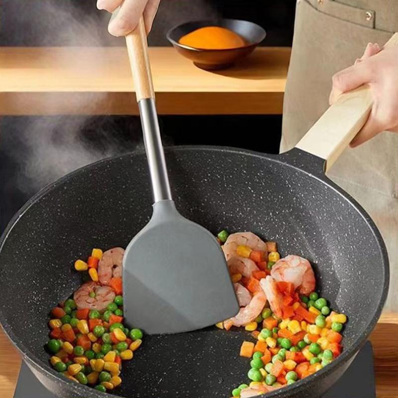 Spatulă wok din silicon cu mâner din lemn