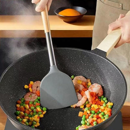 Spatulă wok din silicon cu mâner din lemn