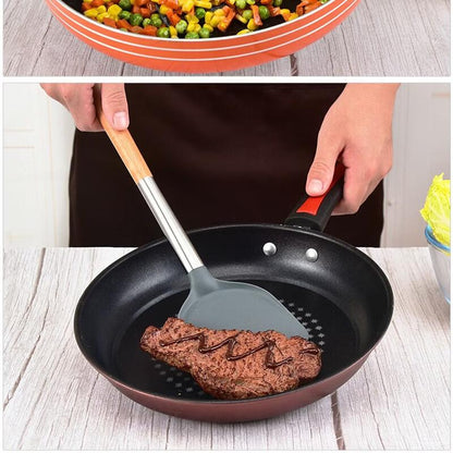 Spatulă wok din silicon cu mâner din lemn