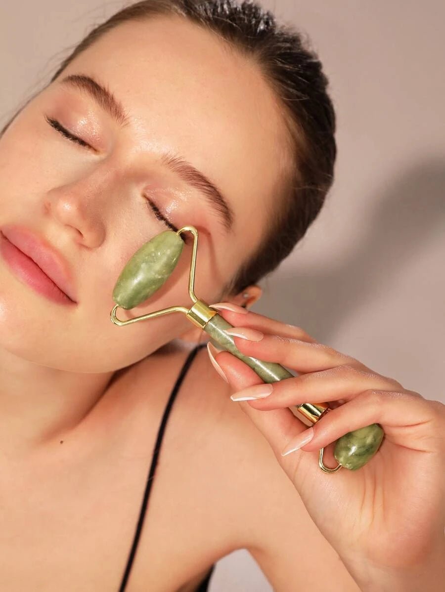 Rolă masaj facial și corporal cu 2 capete și jad verde natural - evonio™